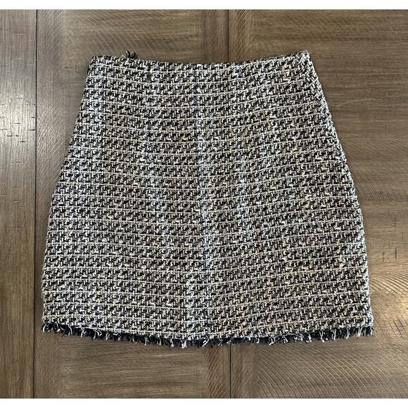 Express Black Gold Multi Tweed Mini Skirt Fringe Trim Mock Wrap NWT Size 6 NEW - Picture 12 of 14